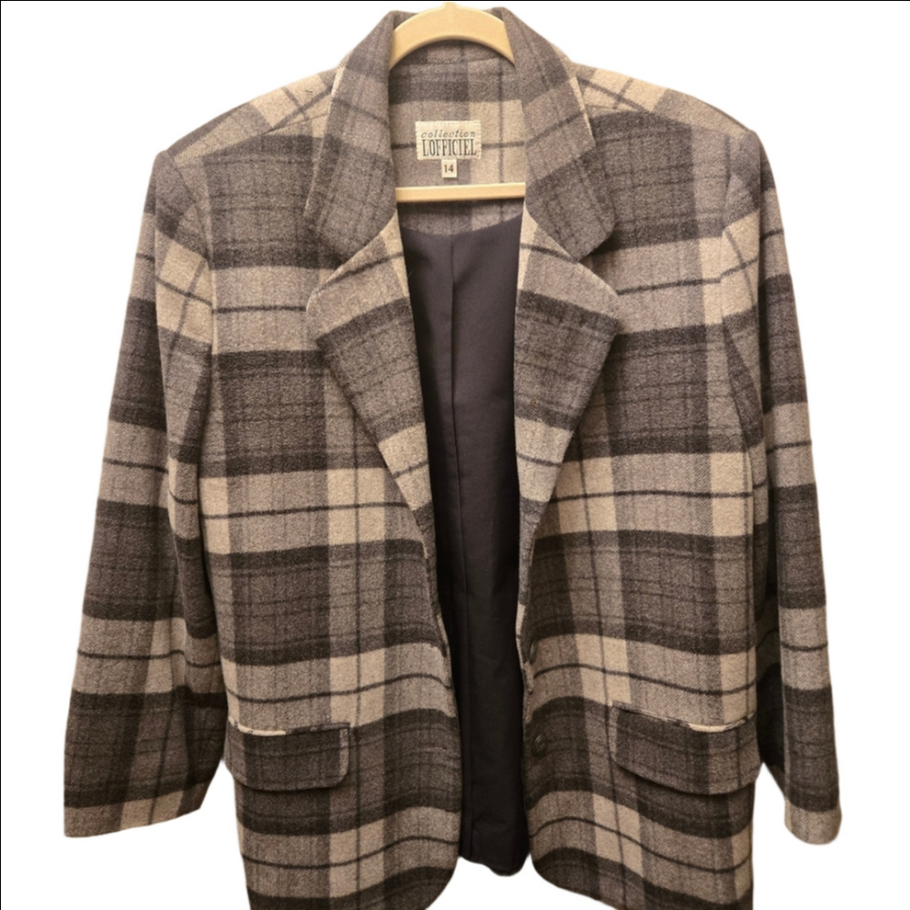 Vintage Wool Plaid Blazer Size 14 Made in Canada Oversized Academia